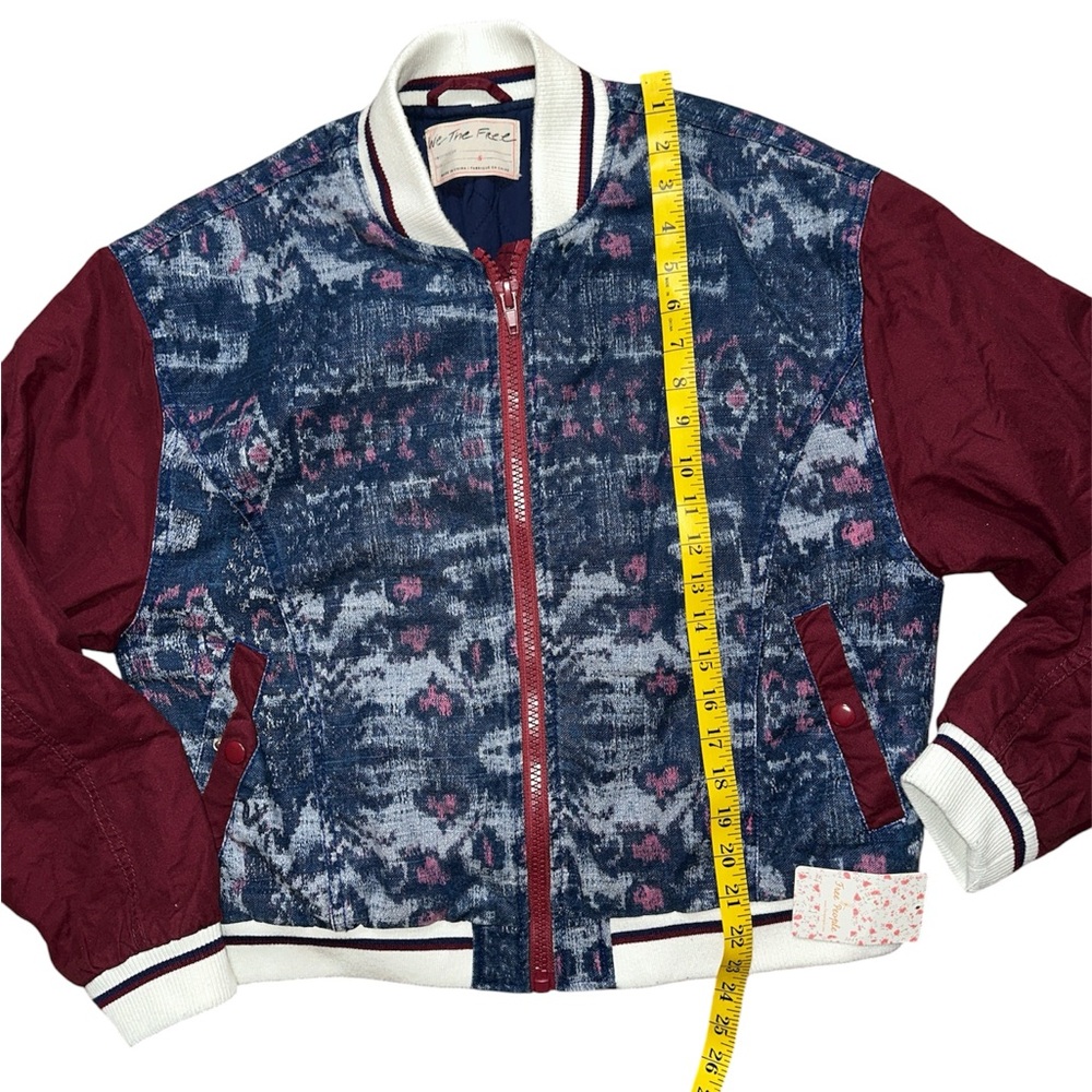 🌟HP🌟Free People Blue Patterned Bomber Jacket with Burgundy Sleeves - Picture 6 of 6